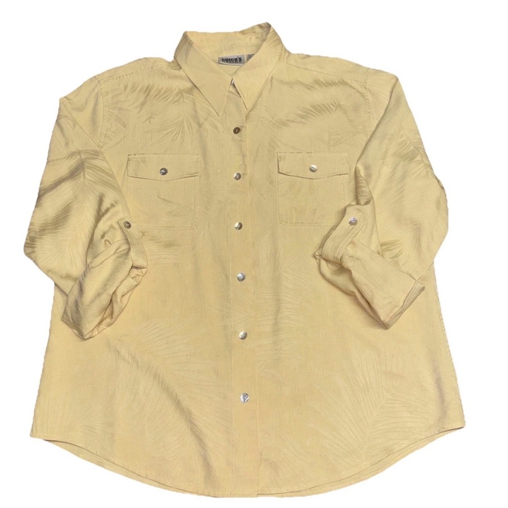 100% Silk Pastel Yellow Jacquard Floral Button Up Blouse Women's Size 3/XL FLAW‎